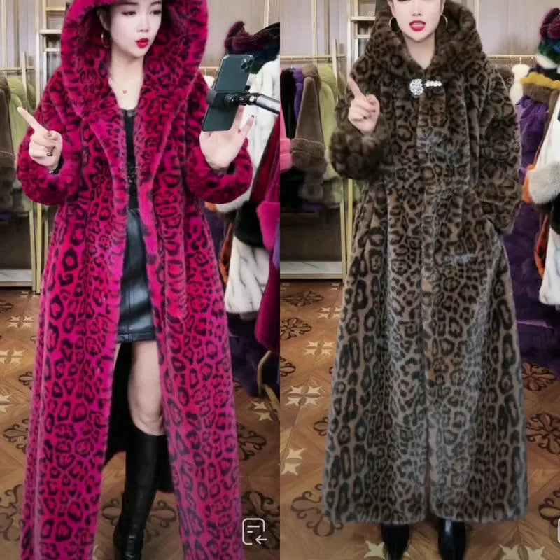 Brown leopard print plus size faux fur coat with 100cm length on female model