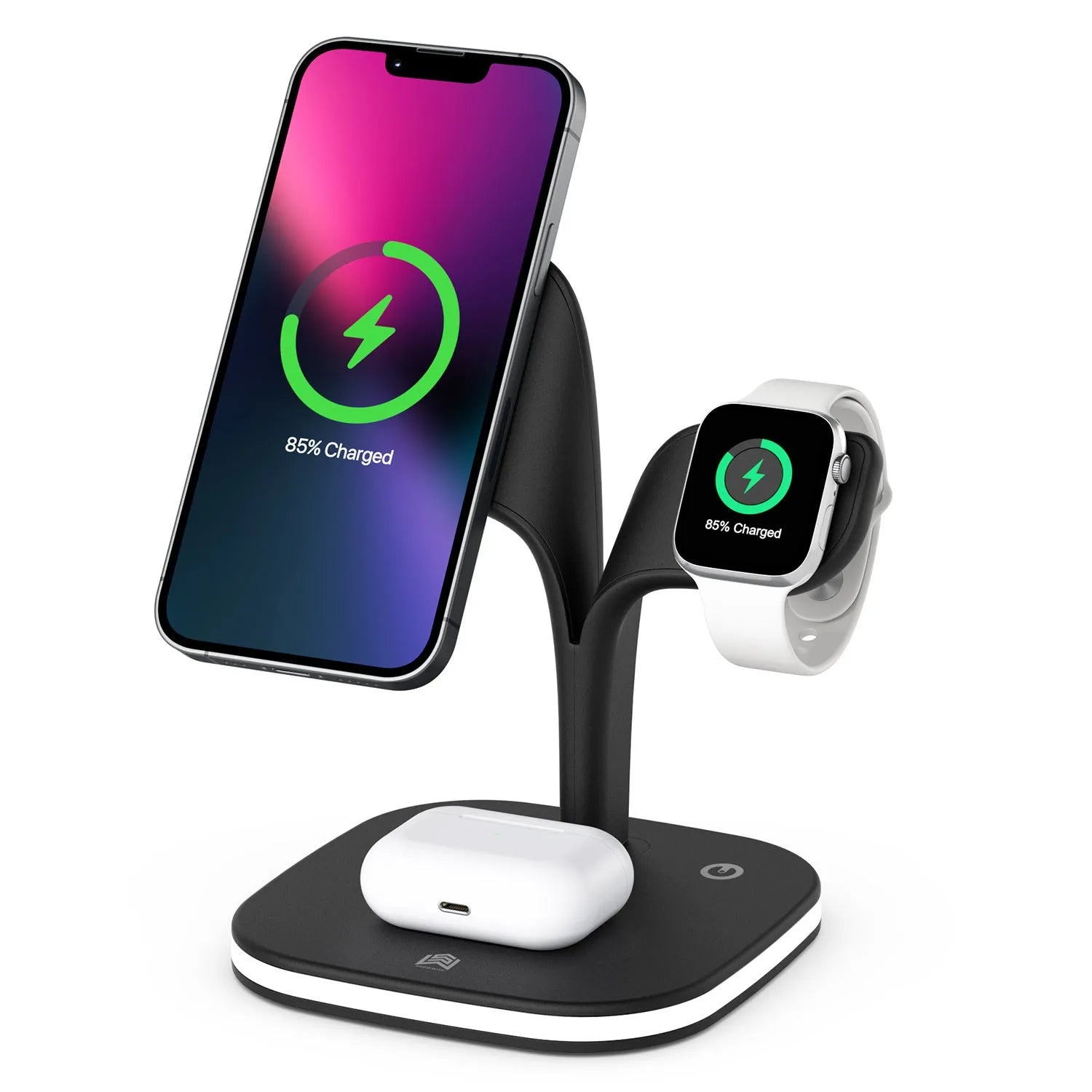 Black 3-in-1 desktop wireless charging stand showing phone, watch, and headphones charging simultaneously.