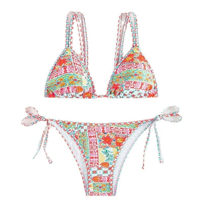 Women's lace-up split swimsuit with backless design in European and American sizing