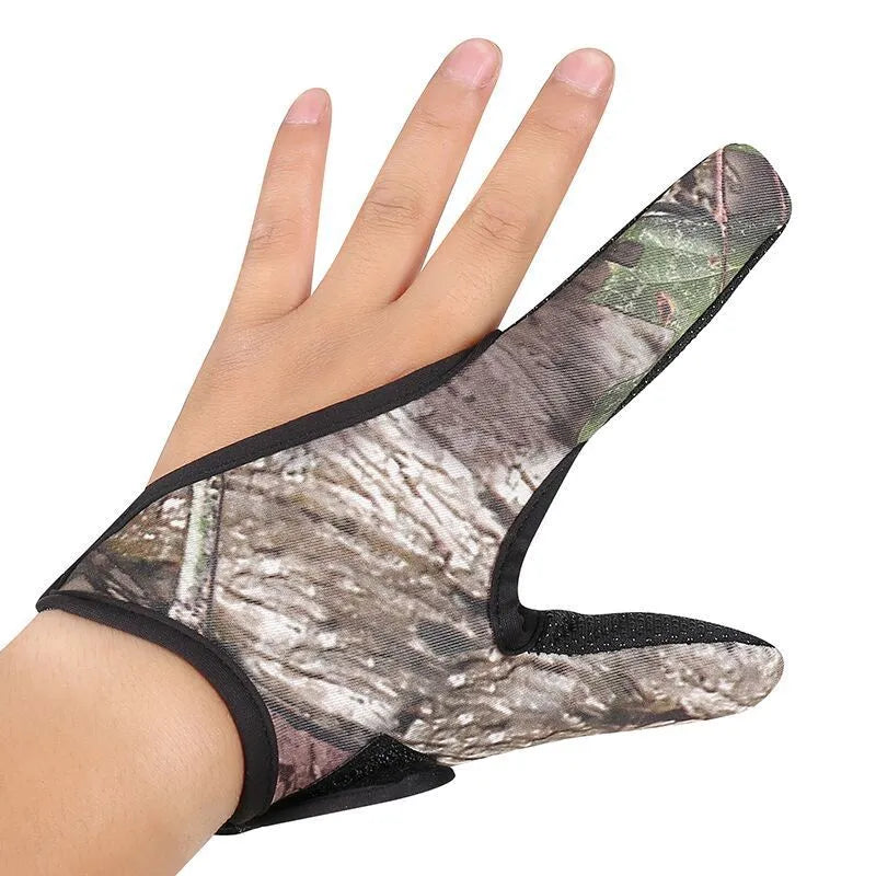 Two-finger fishing glove showing microfiber palm and diving cloth back in camouflage pattern