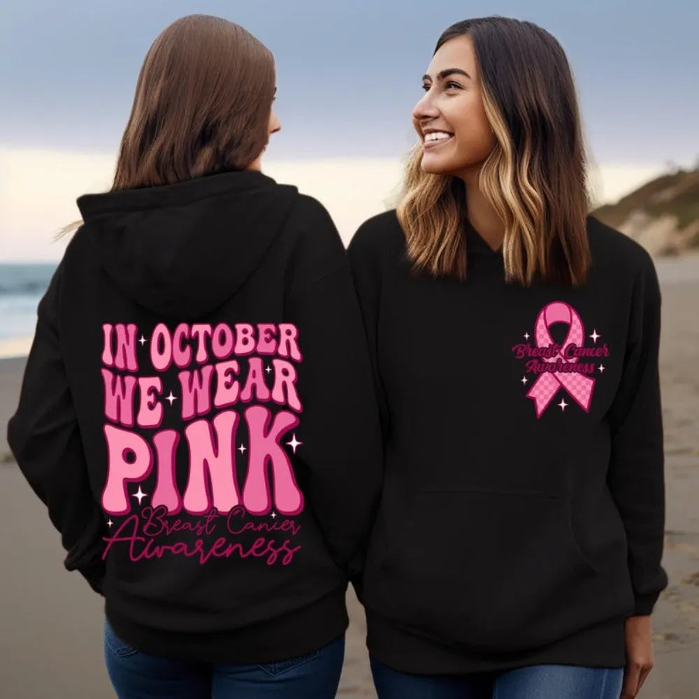 Pink Breast Cancer Awareness pullover hoodie with art retro design and side seam pocket.