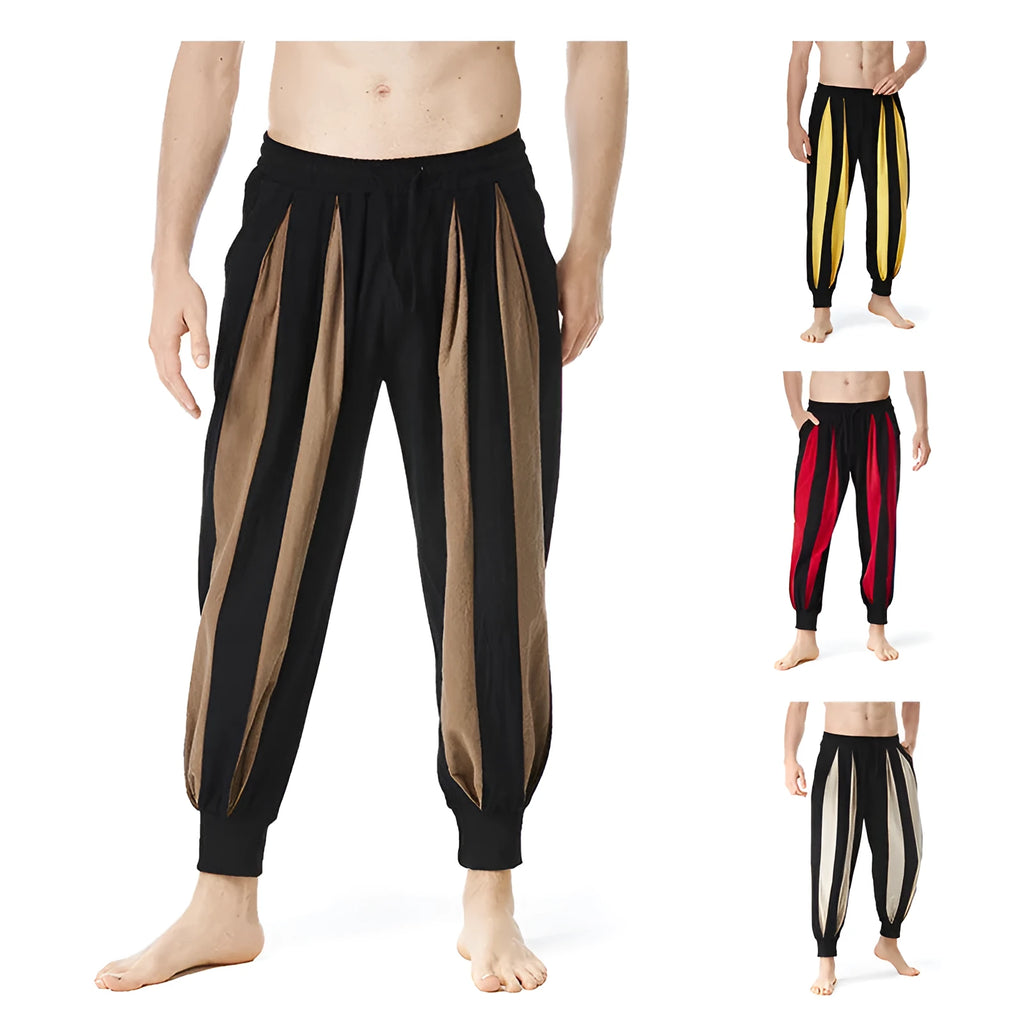 Men's straight-leg casual trousers in red, khaki, yellow, or brown colours.