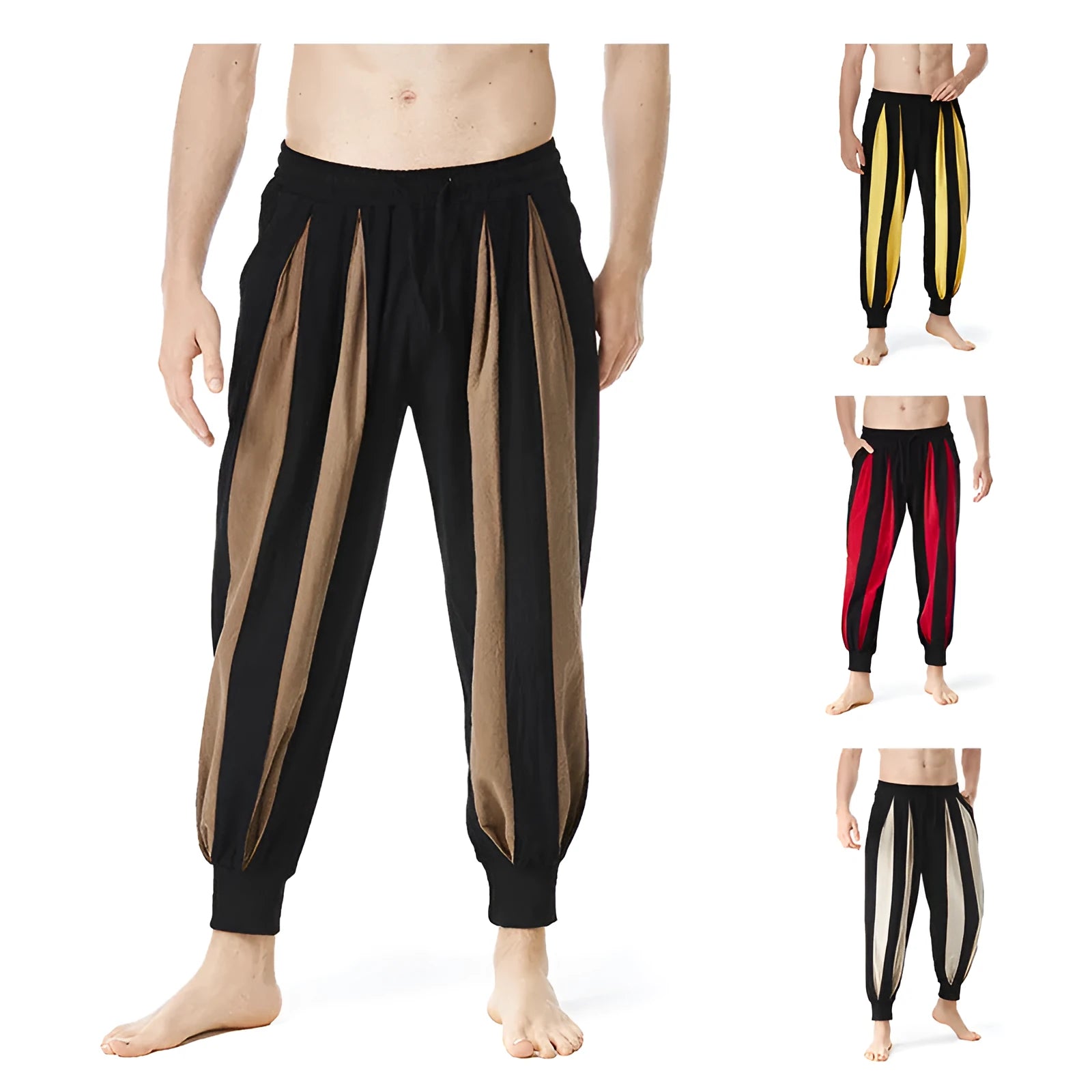Men's straight-leg casual trousers in red, khaki, yellow, or brown colours.