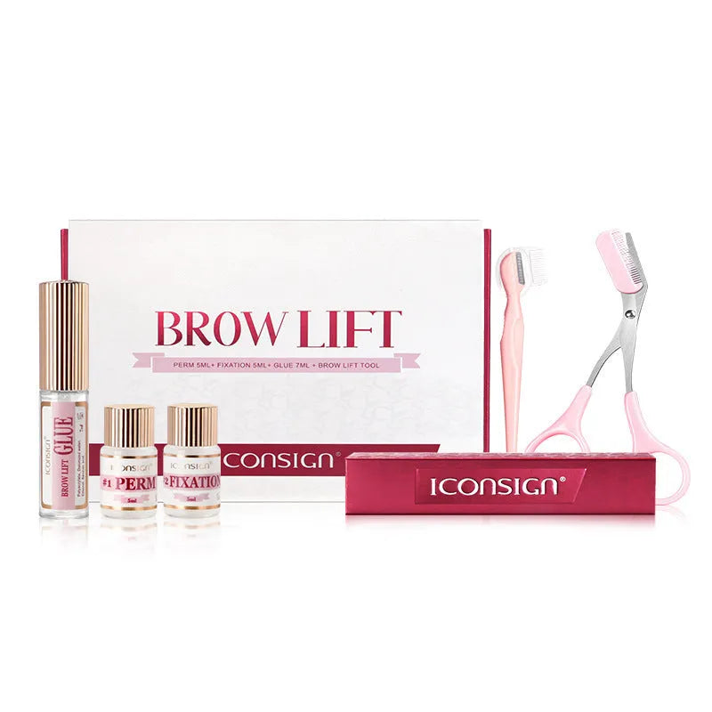 Pink eyebrow perm kit with suit style packaging containing eyebrow scalding and quick ironing tools