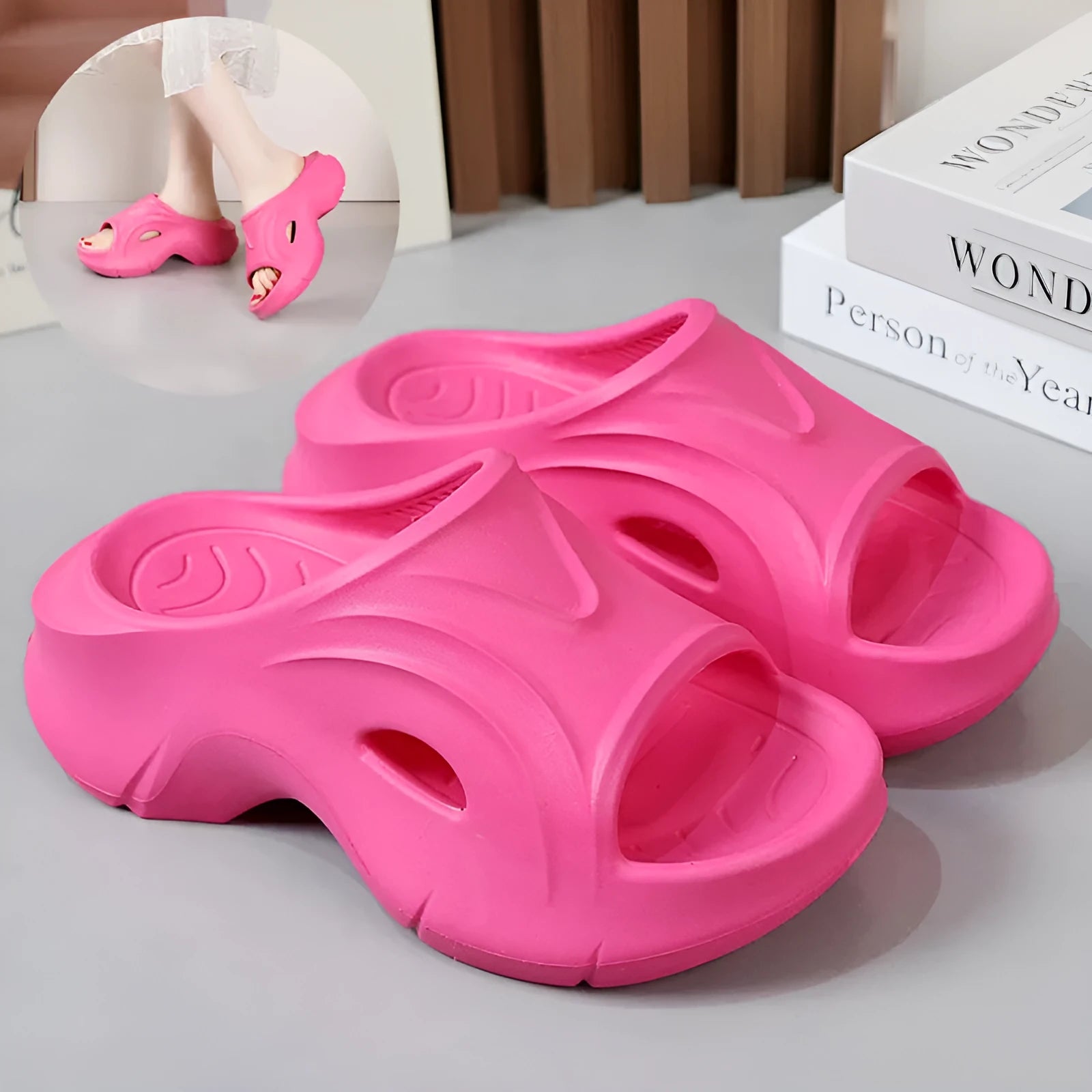 Women's EVA slippers with thick sole in black, rose red or white colours for beach and summer outdoor wear