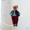 Cartoon plush bear doll couple in cotton plaid suits, showing gentleman bear and princess bear side by side