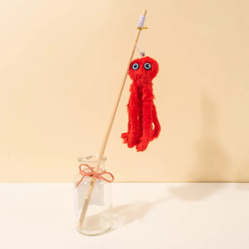 Long stick cat wand with colourful furry octopus toy for indoor kittens and cats