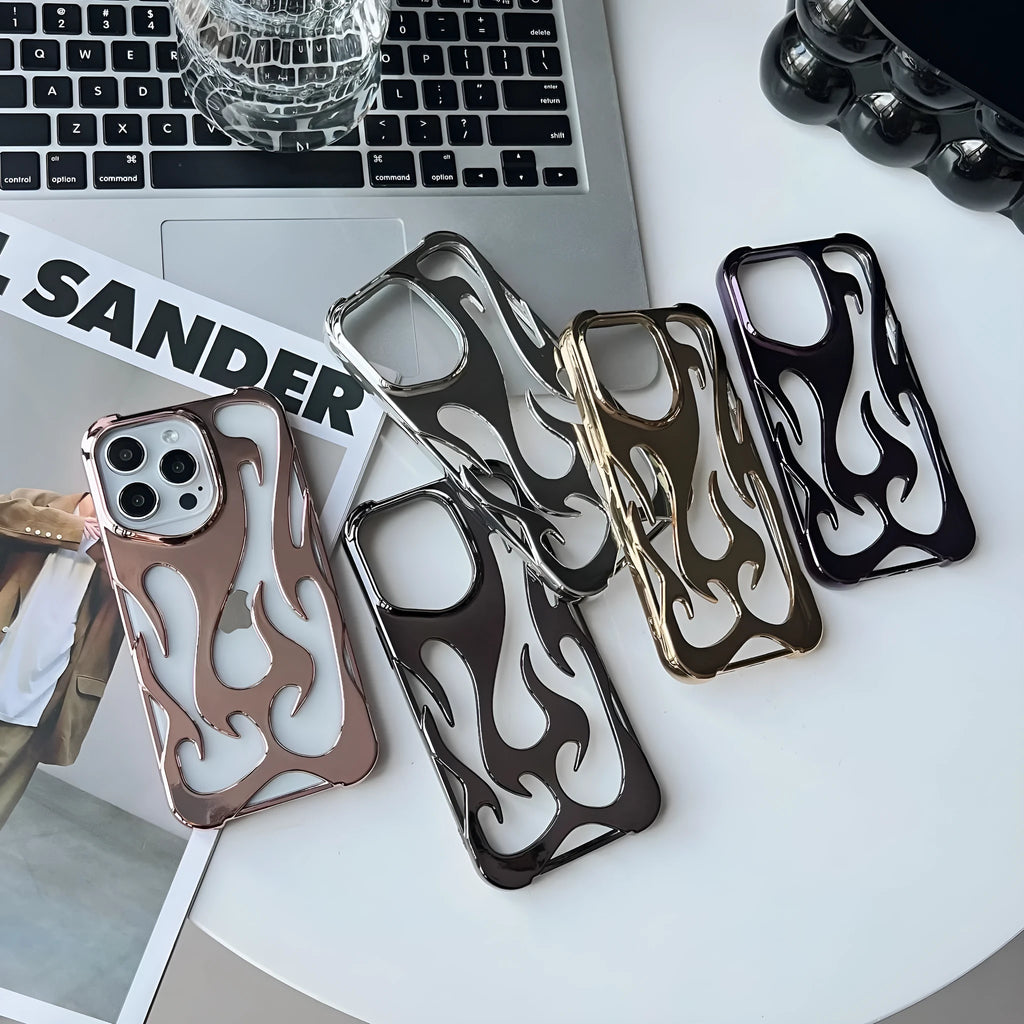 Apple iPhone case with hollow flame pattern and electroplated finish in silver, shown on a phone.