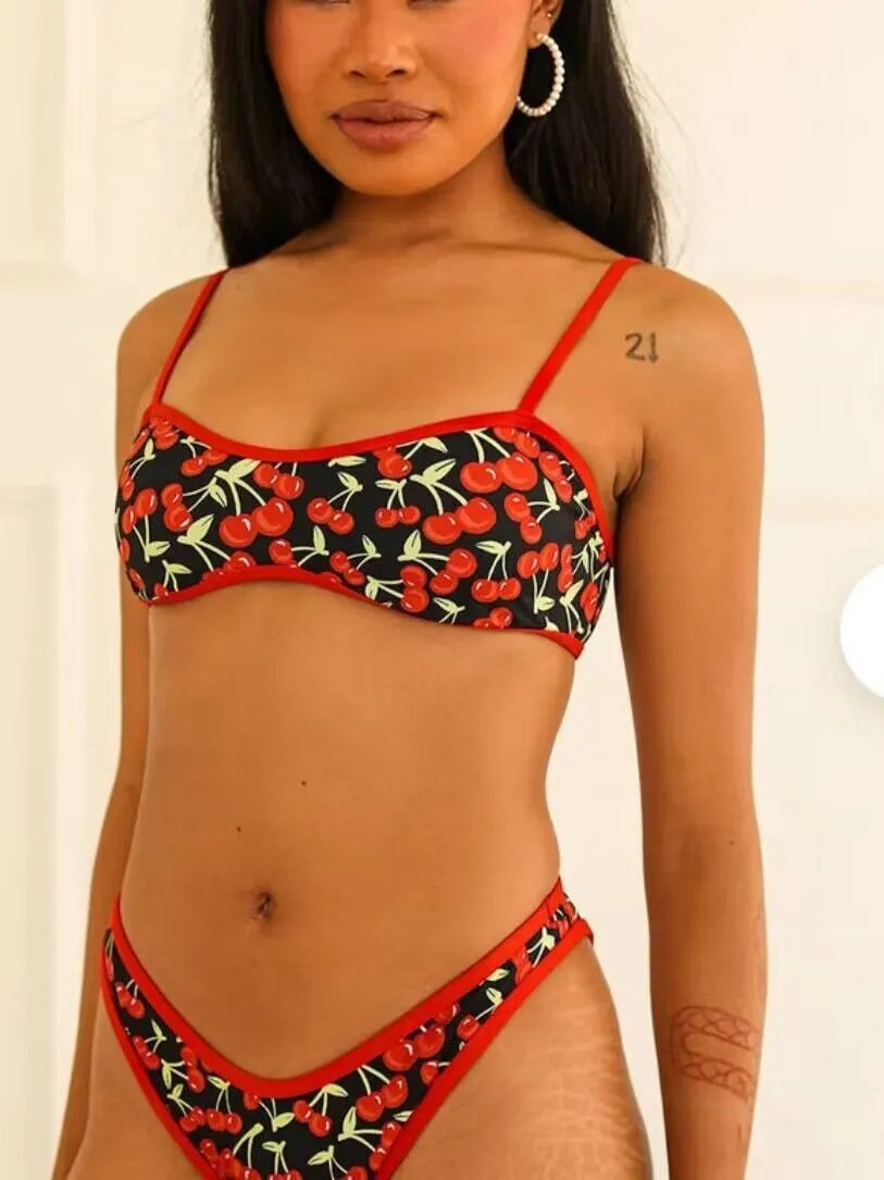 Women's cherry print tube top bikini swimsuit set with briefs bottoms