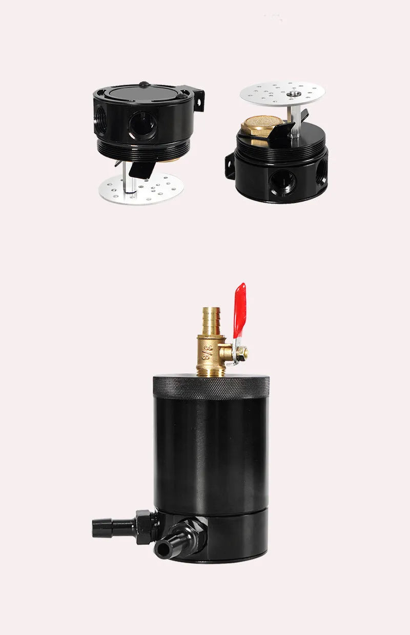 Black aluminium automotive machine oil pot with two ventilation holes and oil-free valve