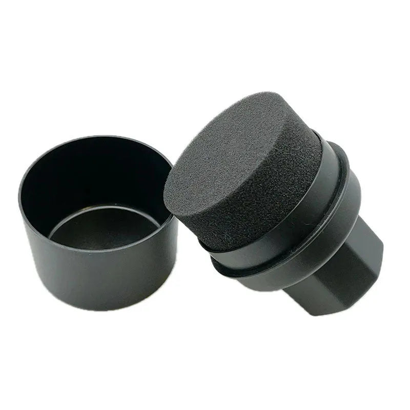 Hand-held car tyre polishing sponge brush with black high-density sponge and a grey PP handle, shown with a separate white lid.