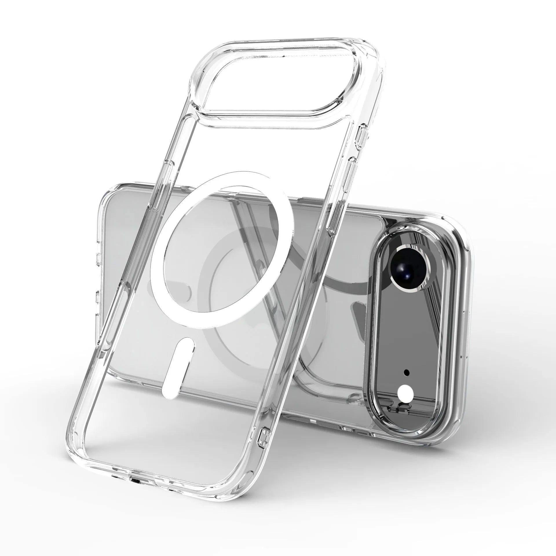 Transparent magnetic phone case for iPhone 17 Air with shockproof TPU construction and built-in magnetic ring.