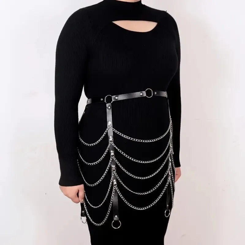 Black PU leather waist chain with bandage binding design and metallic ornament detail