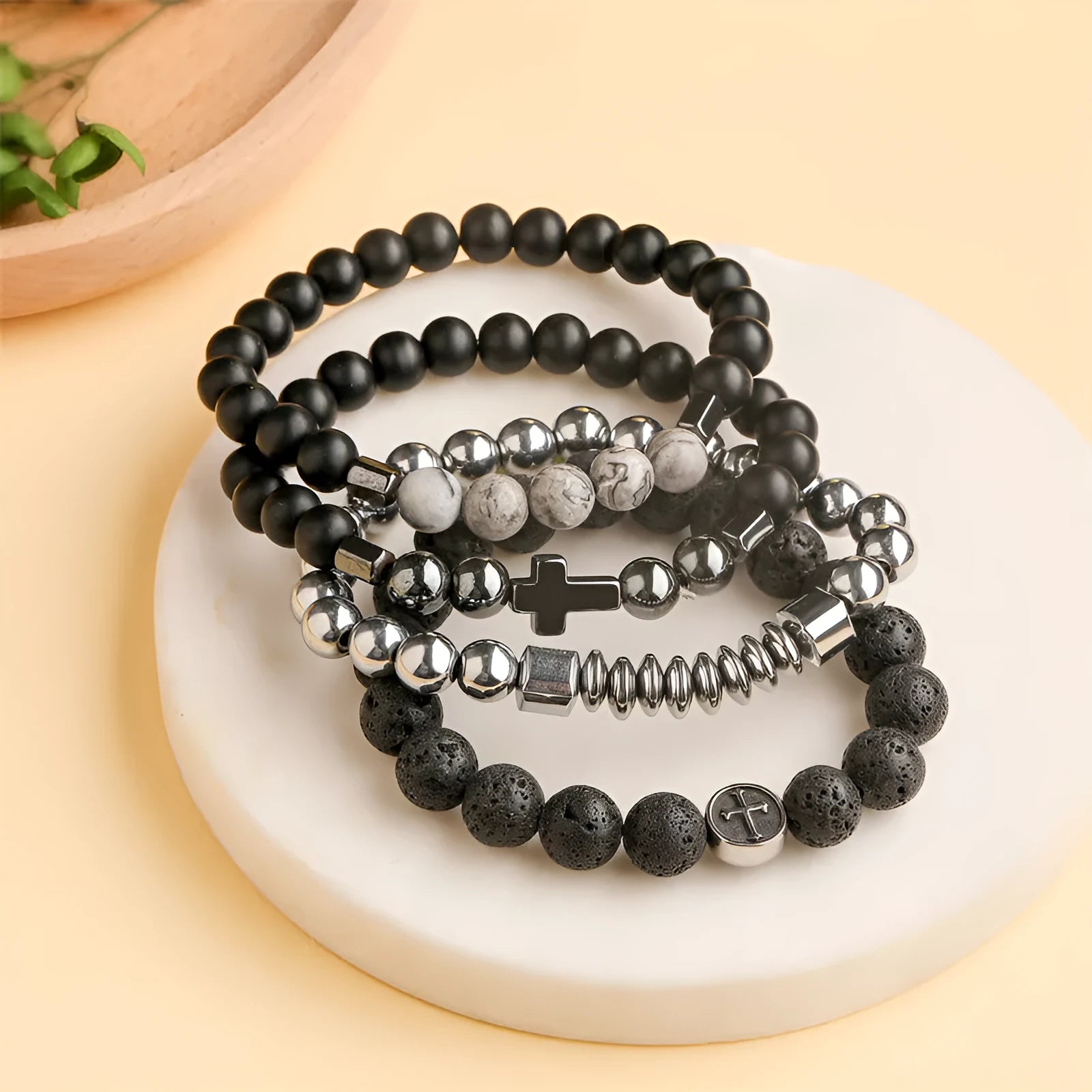 Geometric agate bracelet in volcanic rock colour with stainless steel finish, 10mm beads