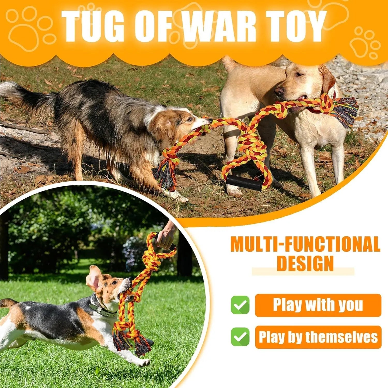 Blue and yellow heavy cotton rope dog toy with non-slip handles for large breed tug-of-war.