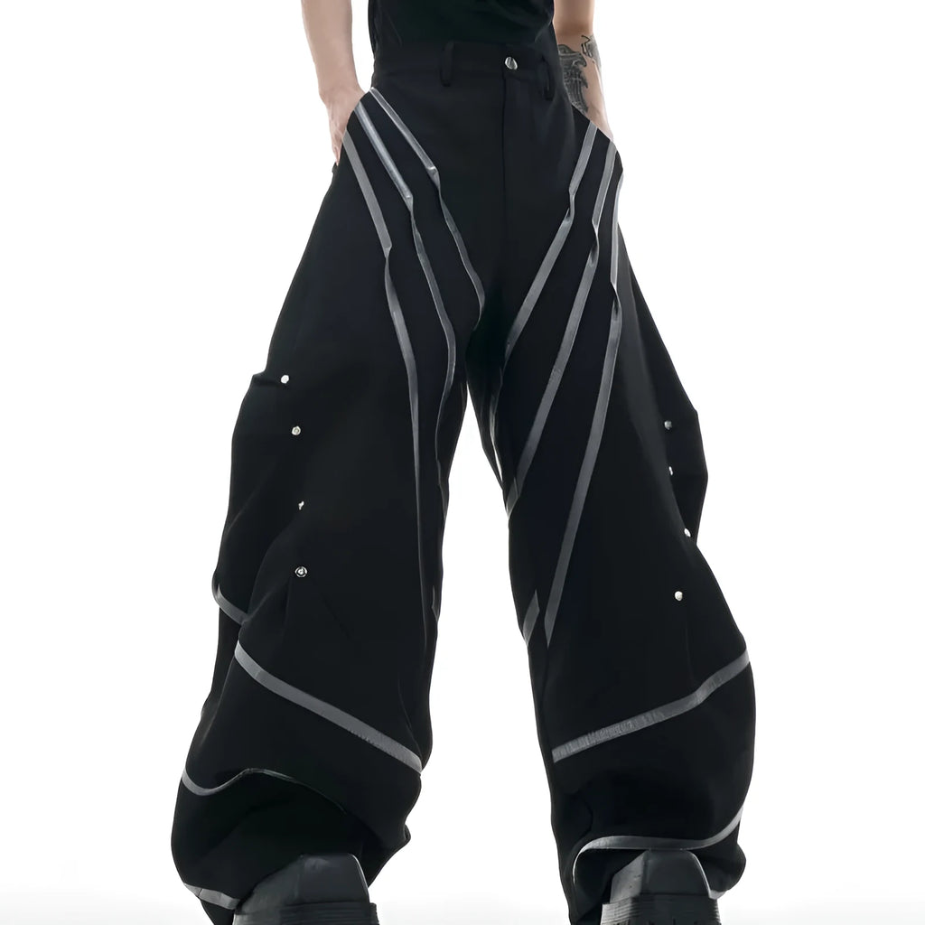 Men's trousers with metal striped rivet pleated design and three-dimensional cutting in polyester fabric