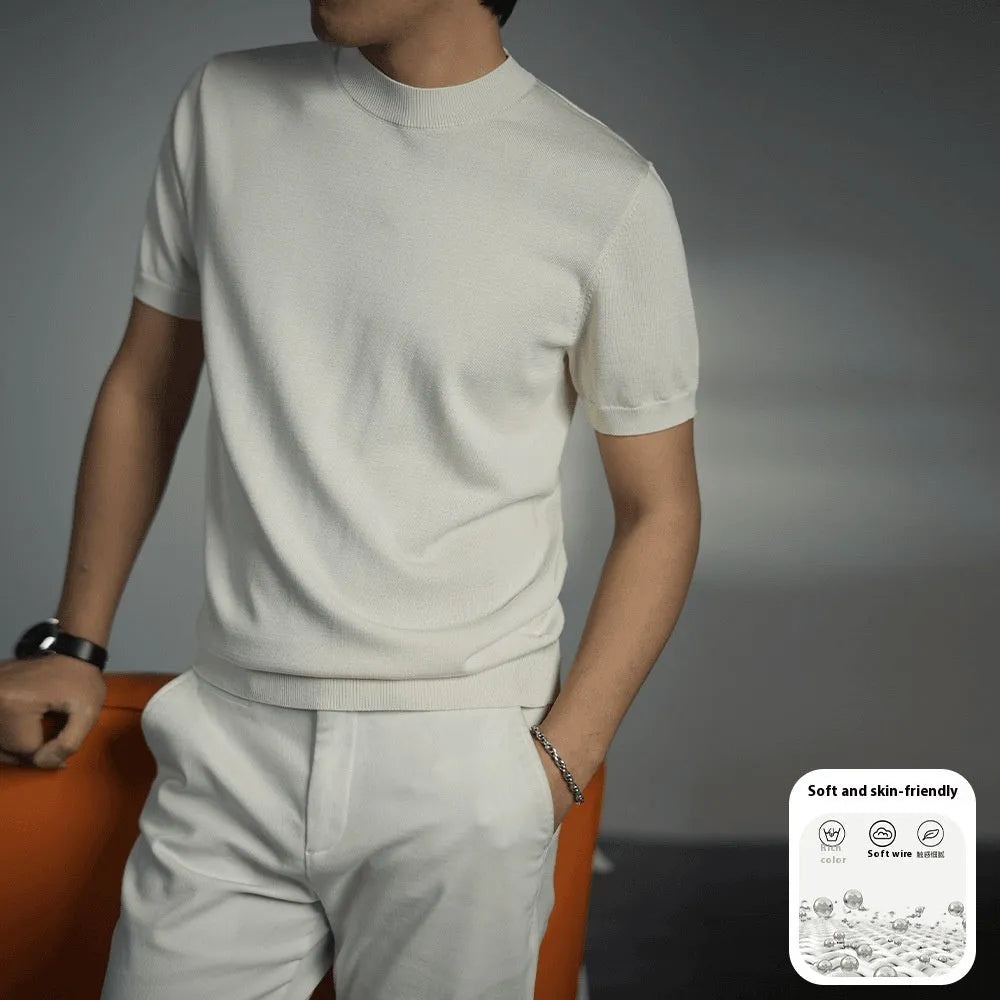 Men's knitted round neck short sleeve T-shirt in business casual style with non-ironing polyester blend fabric