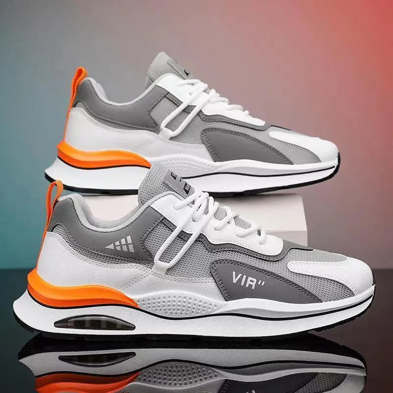 Men's grey and black breathable mesh casual running shoes with a round toe and EVA sole