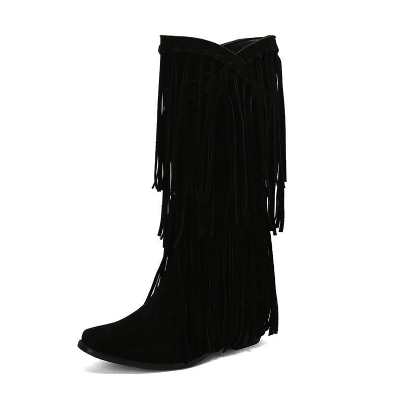 Women's brown suede knee-high boots with tassels, a chunky heel, and a waterproof platform sole.