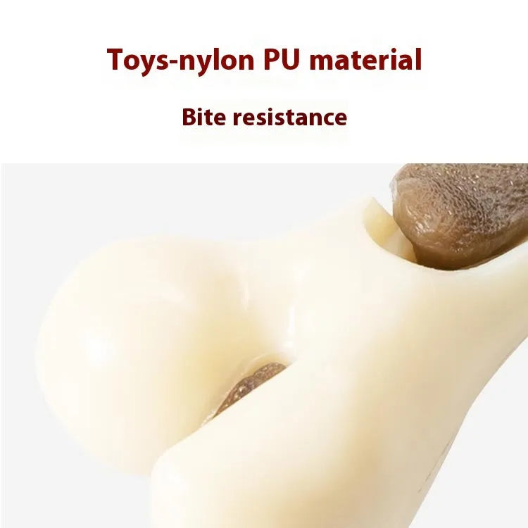 Durable bone-shaped dog chewing toy made from textured cowhide and nylon in two sizes.