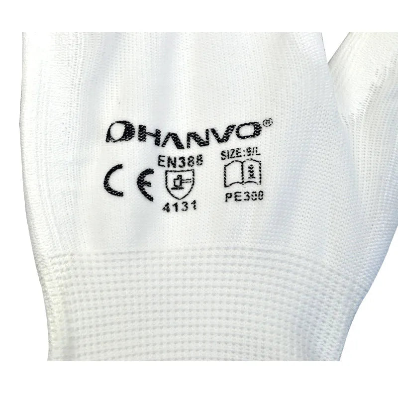 White PU-coated labour gloves showing flexible design, available in sizes L and M.