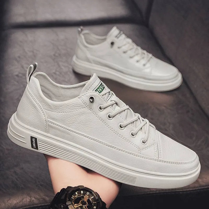 Men's white casual shoes with flat sole and round toe Korean style design