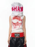 Black slim-fit sleeveless t-shirt with half turtleneck collar and white character print on chest.