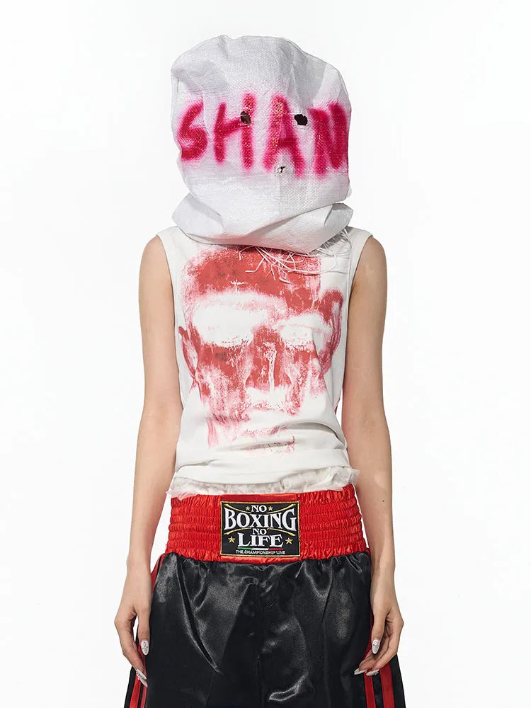 Black slim-fit sleeveless t-shirt with half turtleneck collar and white character print on chest.
