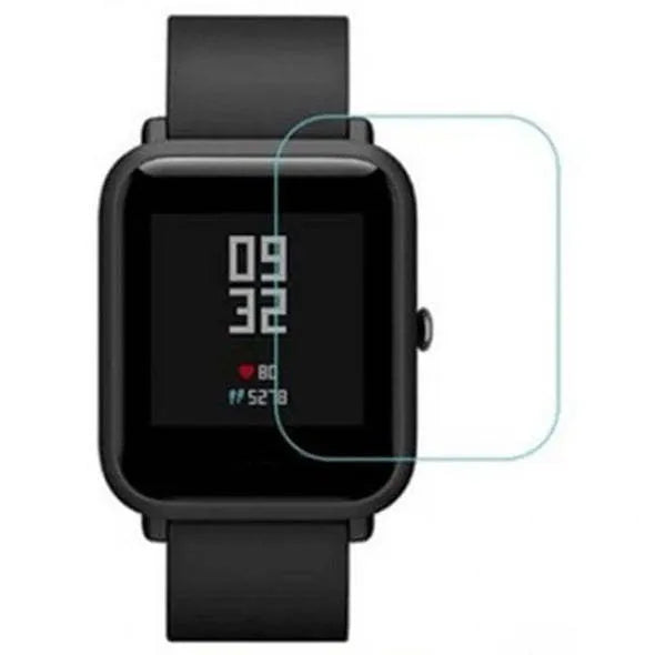 Amazfit Bip S smartwatch with clear hydrogel screen protector showing full coverage and edge alignment