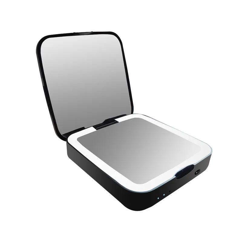 Makeup mirror with dual-sided design showing 4x magnification mirror and adjustable LED lighting system in black colour option