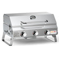 Silver stainless steel desktop gas barbecue grill with three burners and foldable legs.
