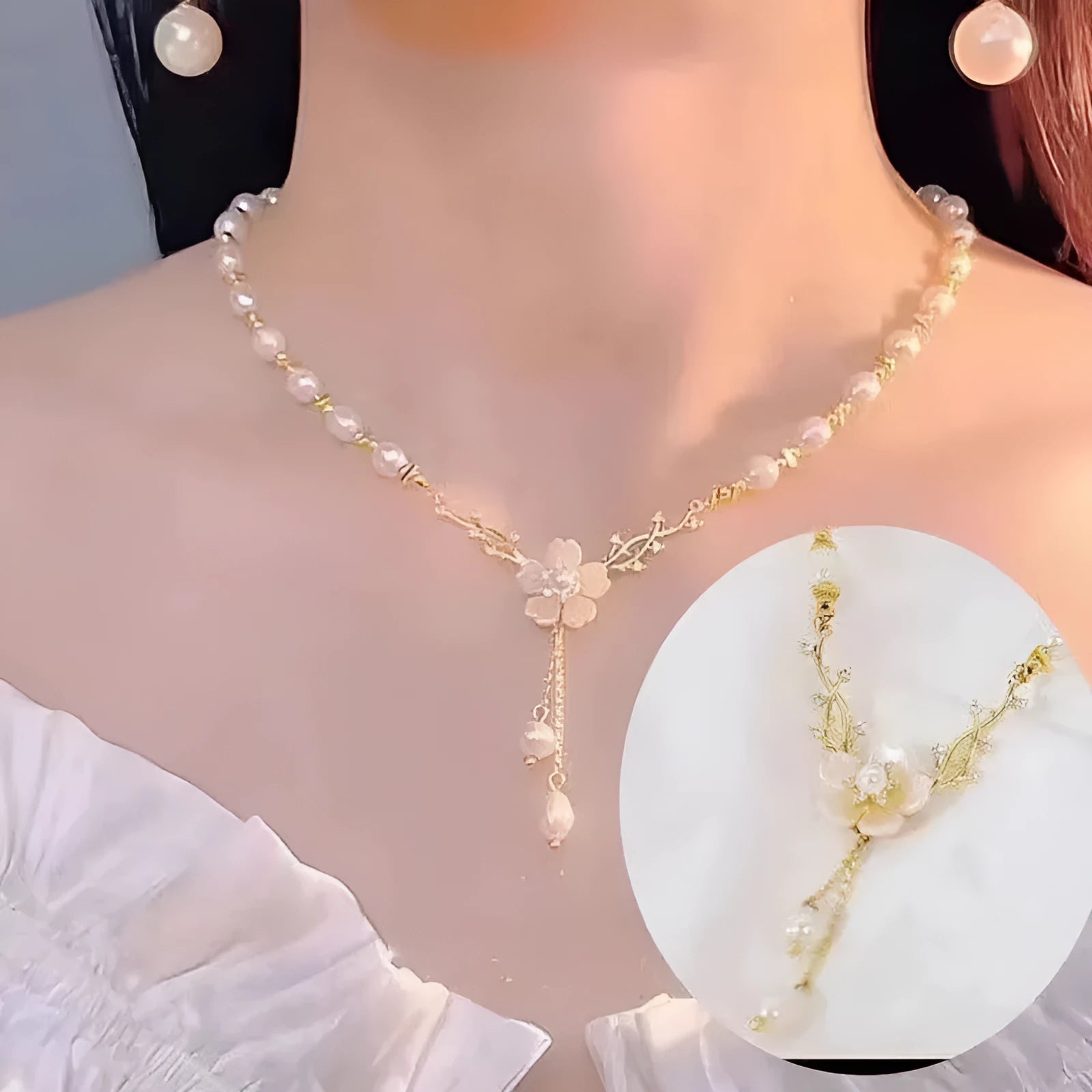 Alloy pearl flower necklace with rose floral design on chain