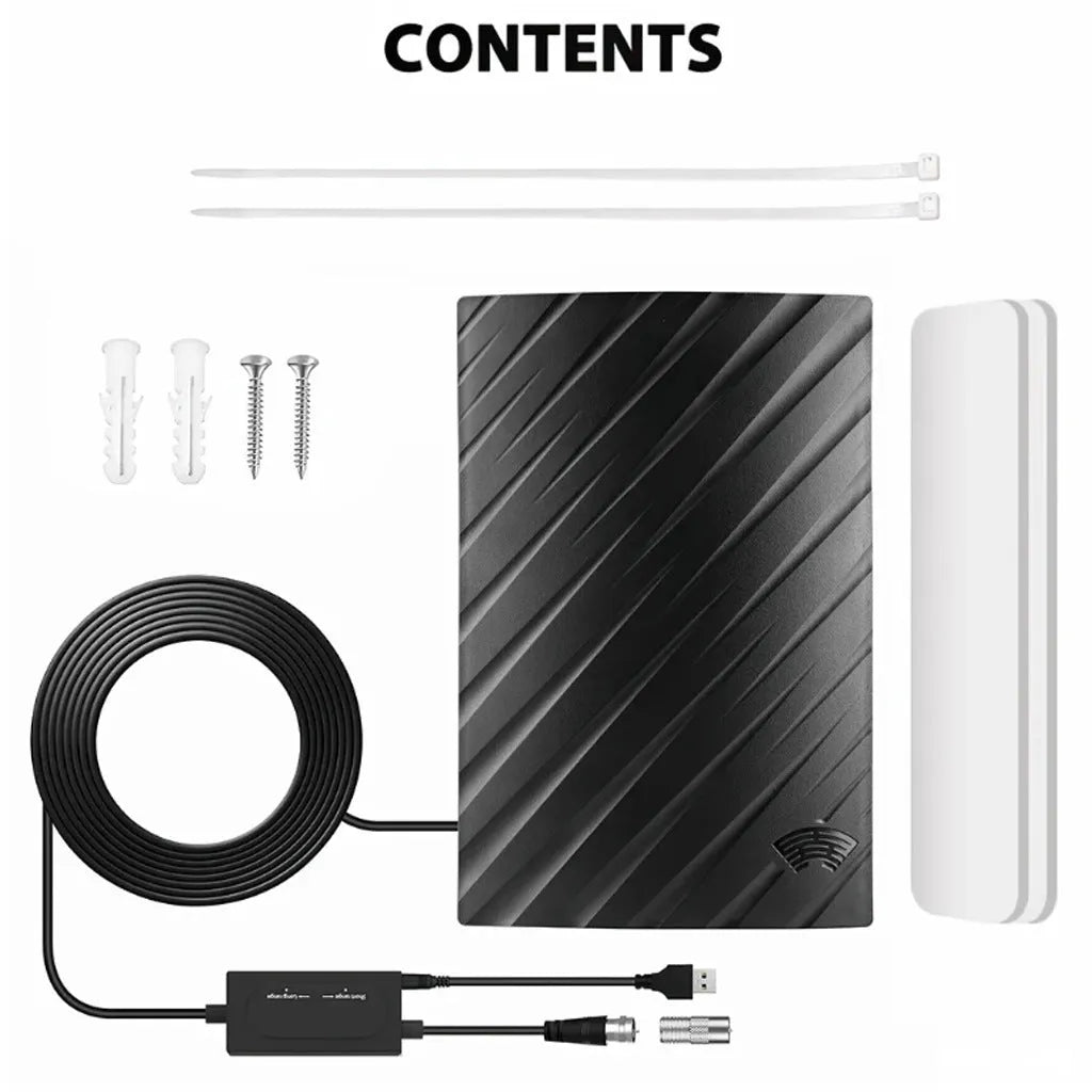 Black indoor digital television antenna with mounting accessories including expansion tubes, screws, cable ties, and adhesive tape