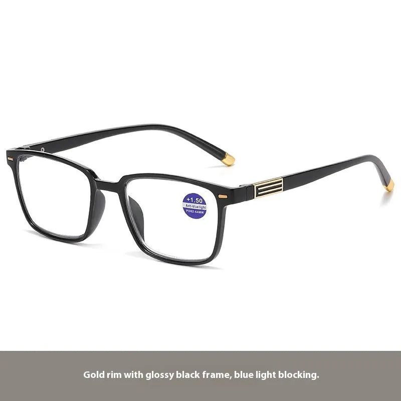 Anti blue light multifocal reading glasses with colour-changing grey PC lenses in a black and silver frame style.
