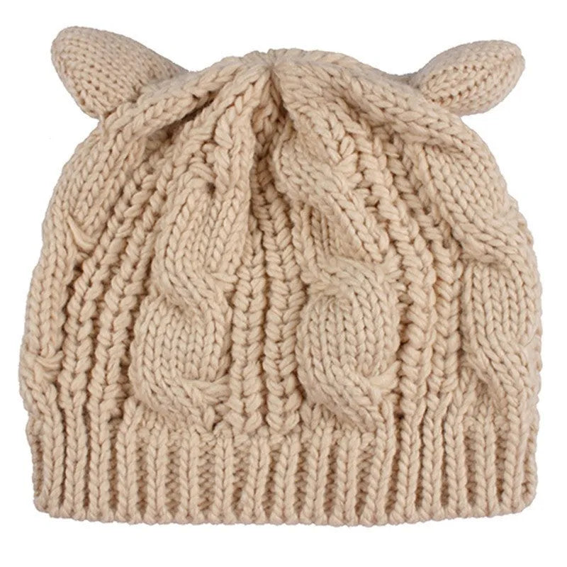 Hand made knitted wool beanie with 3D cat ears in red, black, beige, coffee, or yellow colour