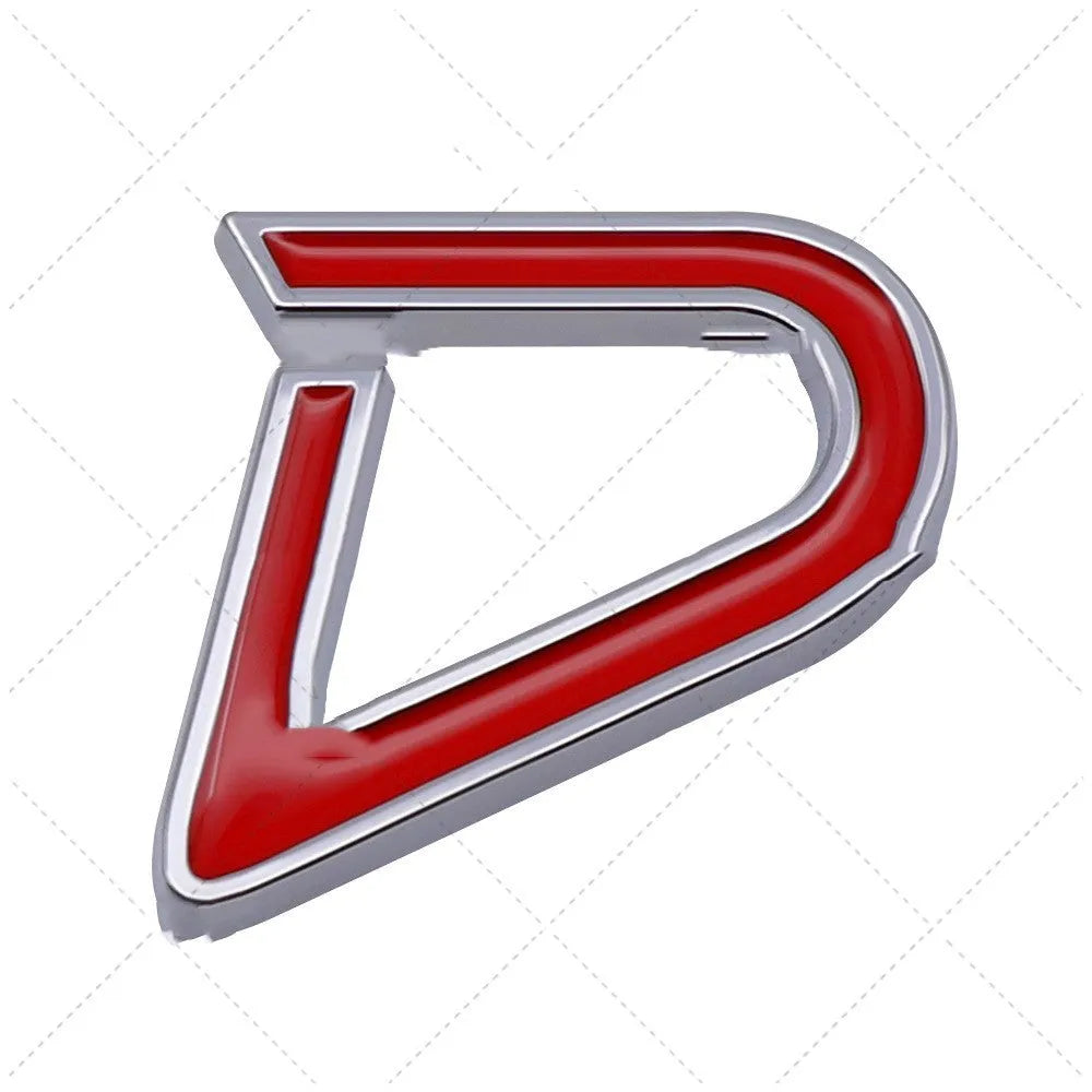 Red and silver metal car sticker with SD design for bumper application.