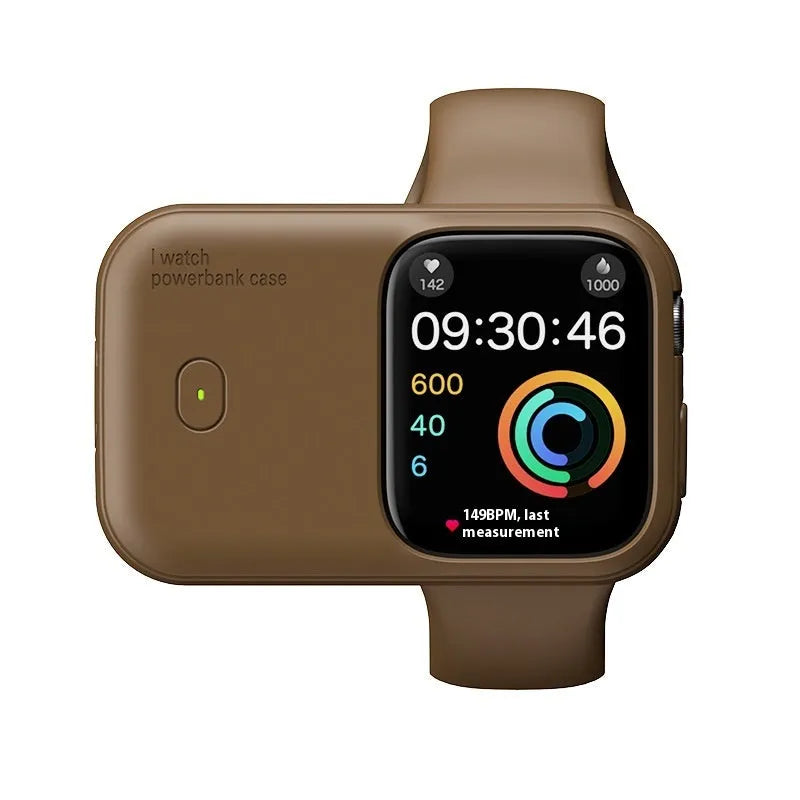 Apple Watch portable wireless charging power bank with silicone case in brown, midnight blue, or starlight colours