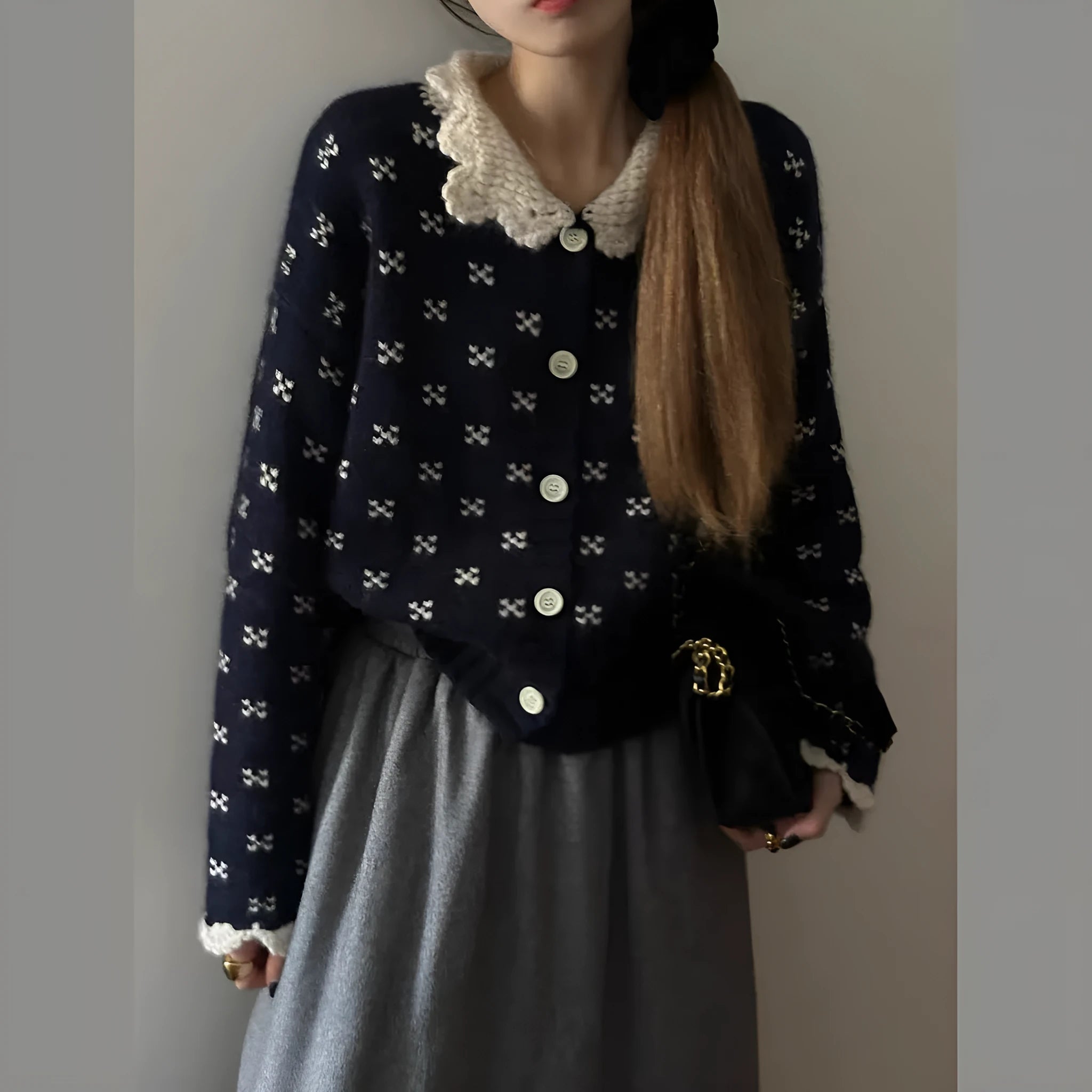 Women's knitted cardigan coat with Peter Pan collar in navy blue, apricot, or grey colours