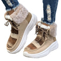 Women's beige lace-up snow boots showing front tie design and mid-top height with plush lining