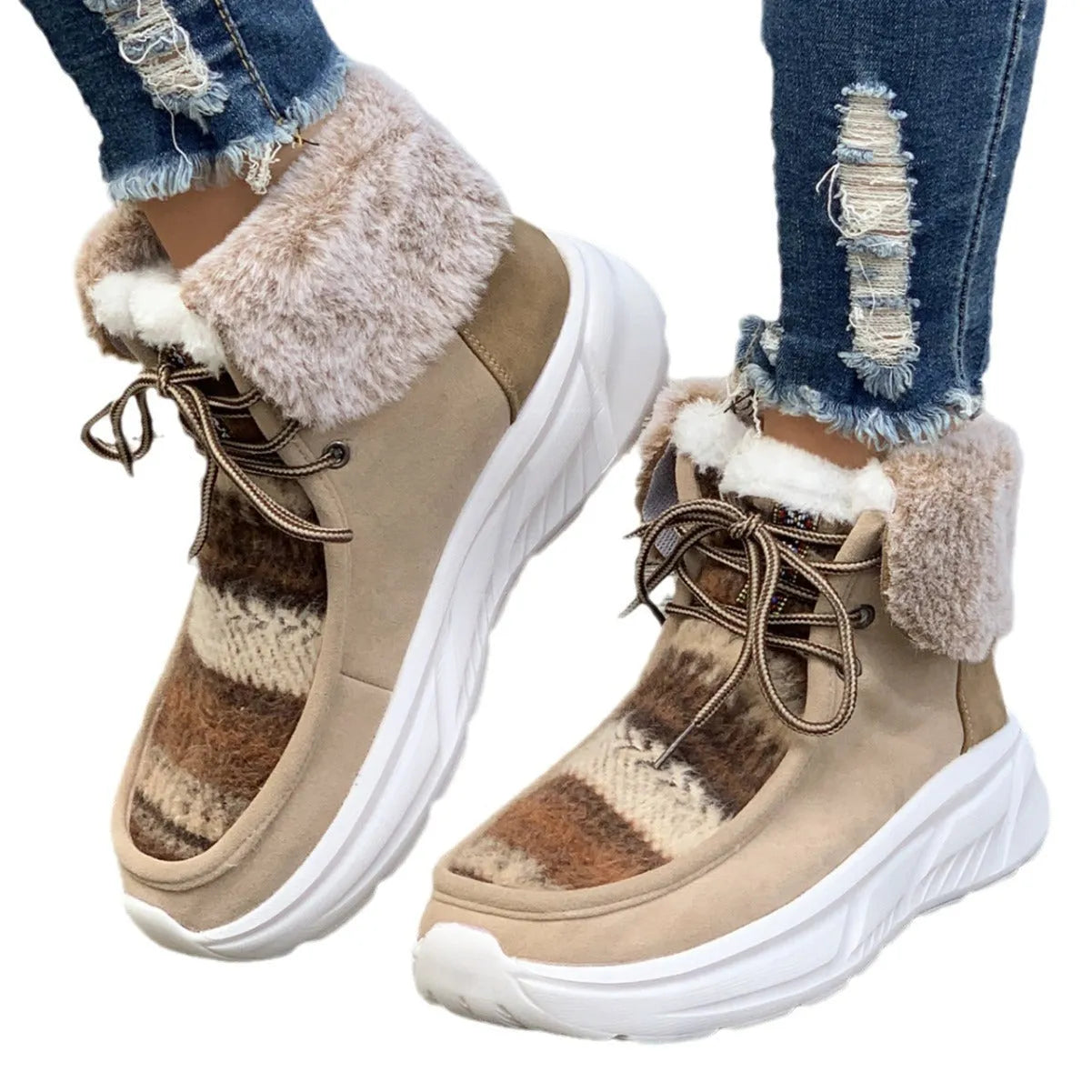 Women's beige lace-up snow boots showing front tie design and mid-top height with plush lining