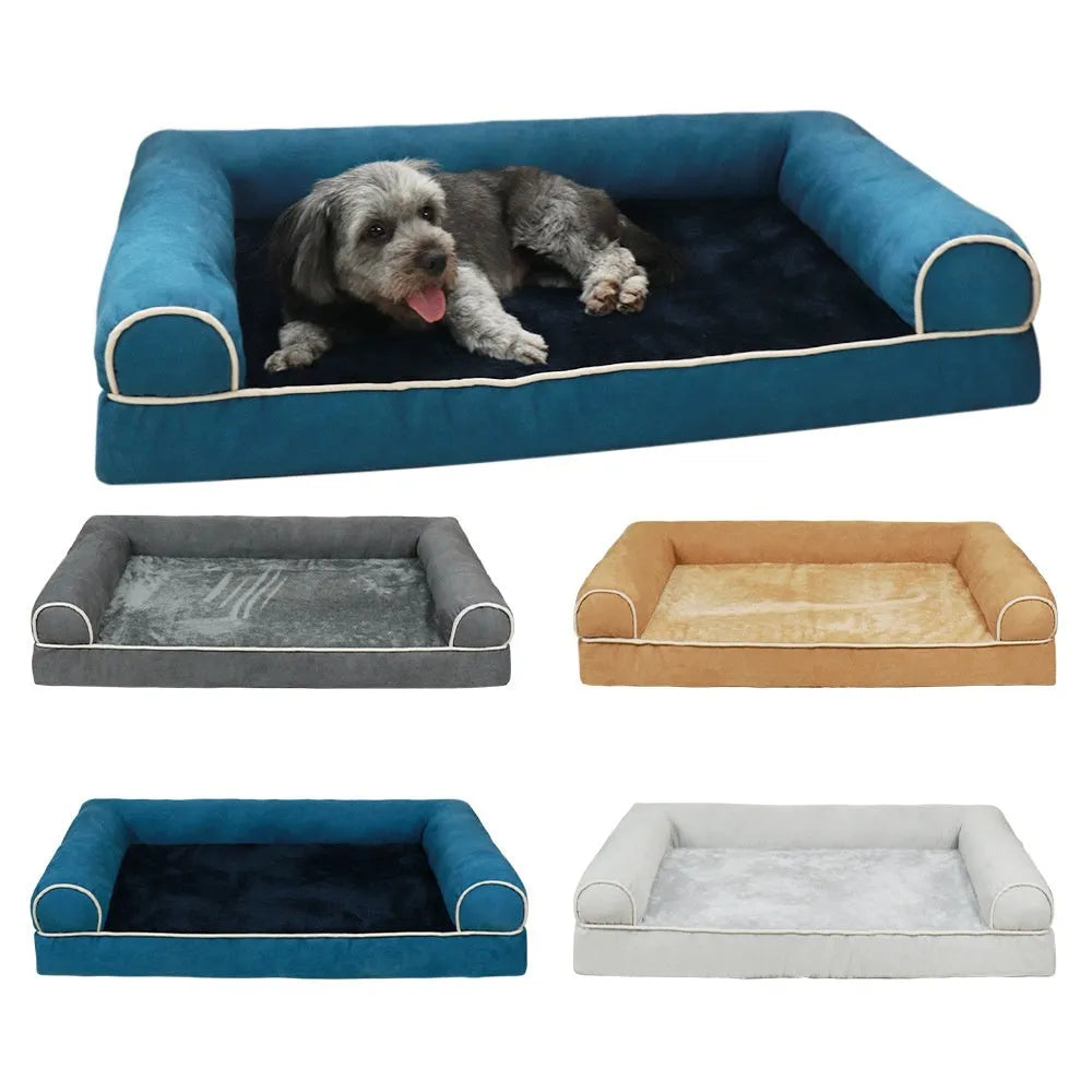 Square dog bed with sponge filling shown in blue colour with dog resting