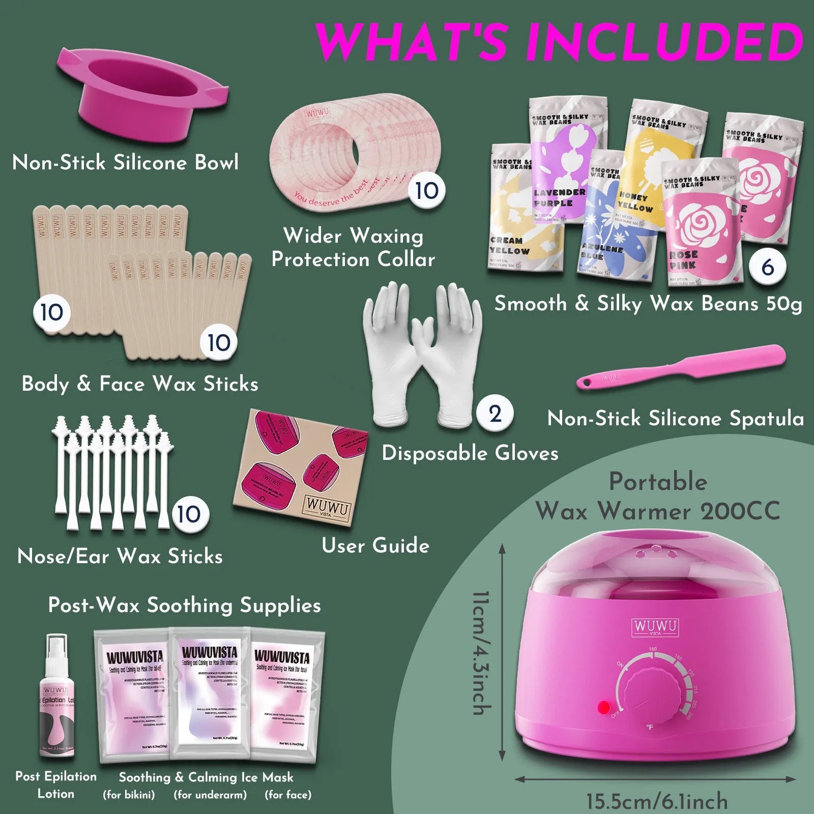 WUWUVISTA 56-piece professional waxing kit with wax warmer, beads, applicators and aftercare products