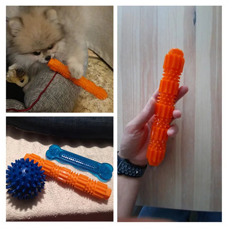 Green and orange natural rubber dog chew toy with treat dispensing hole