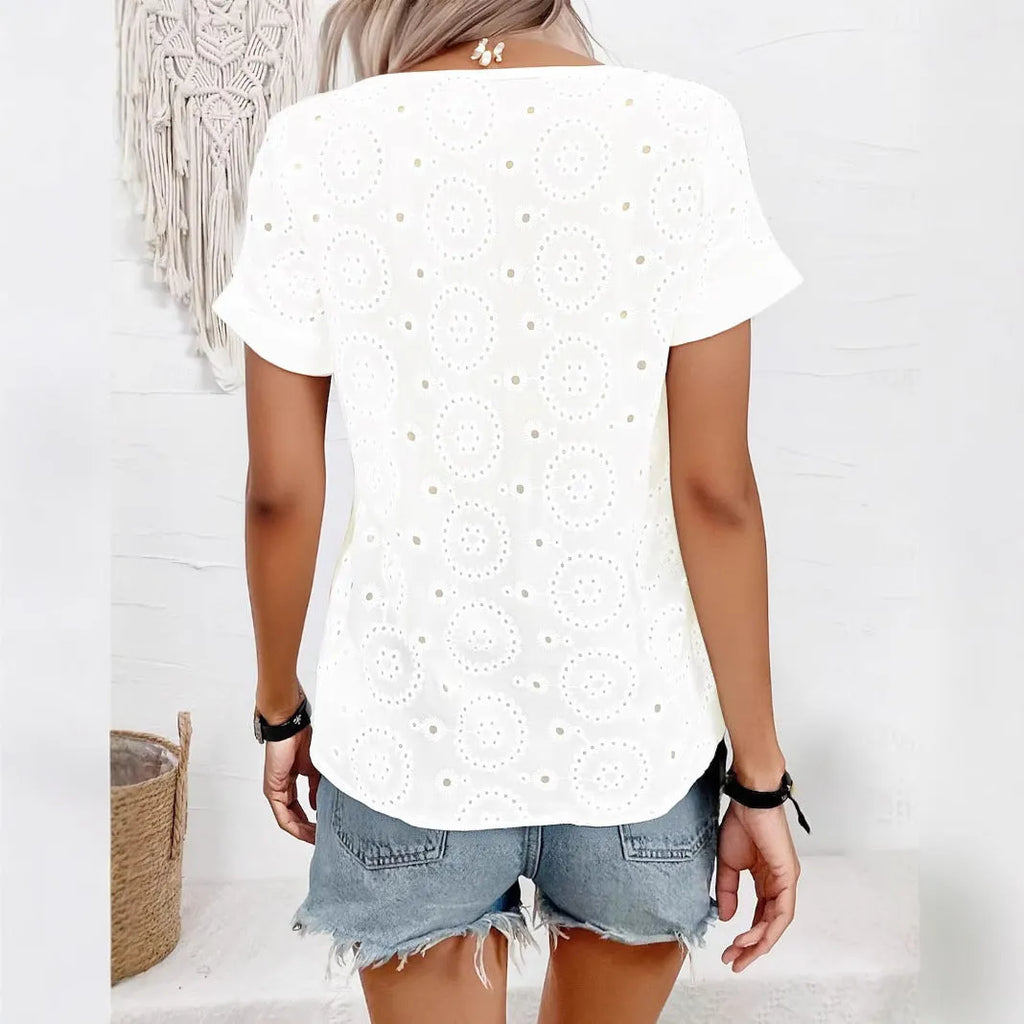White women's V-neck T-shirt with hollow-out pattern and short sleeves in loose fit