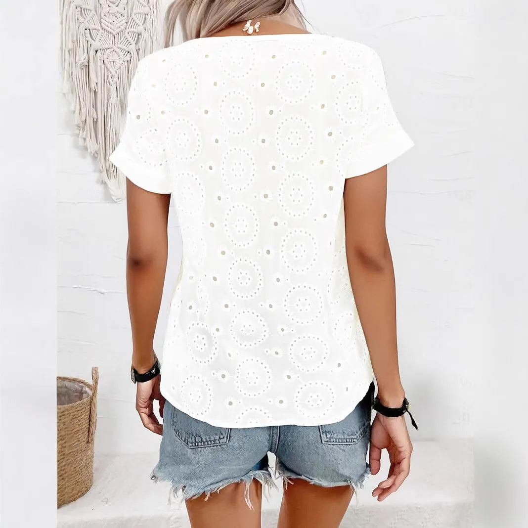 White women's V-neck T-shirt with hollow-out pattern and short sleeves in loose fit