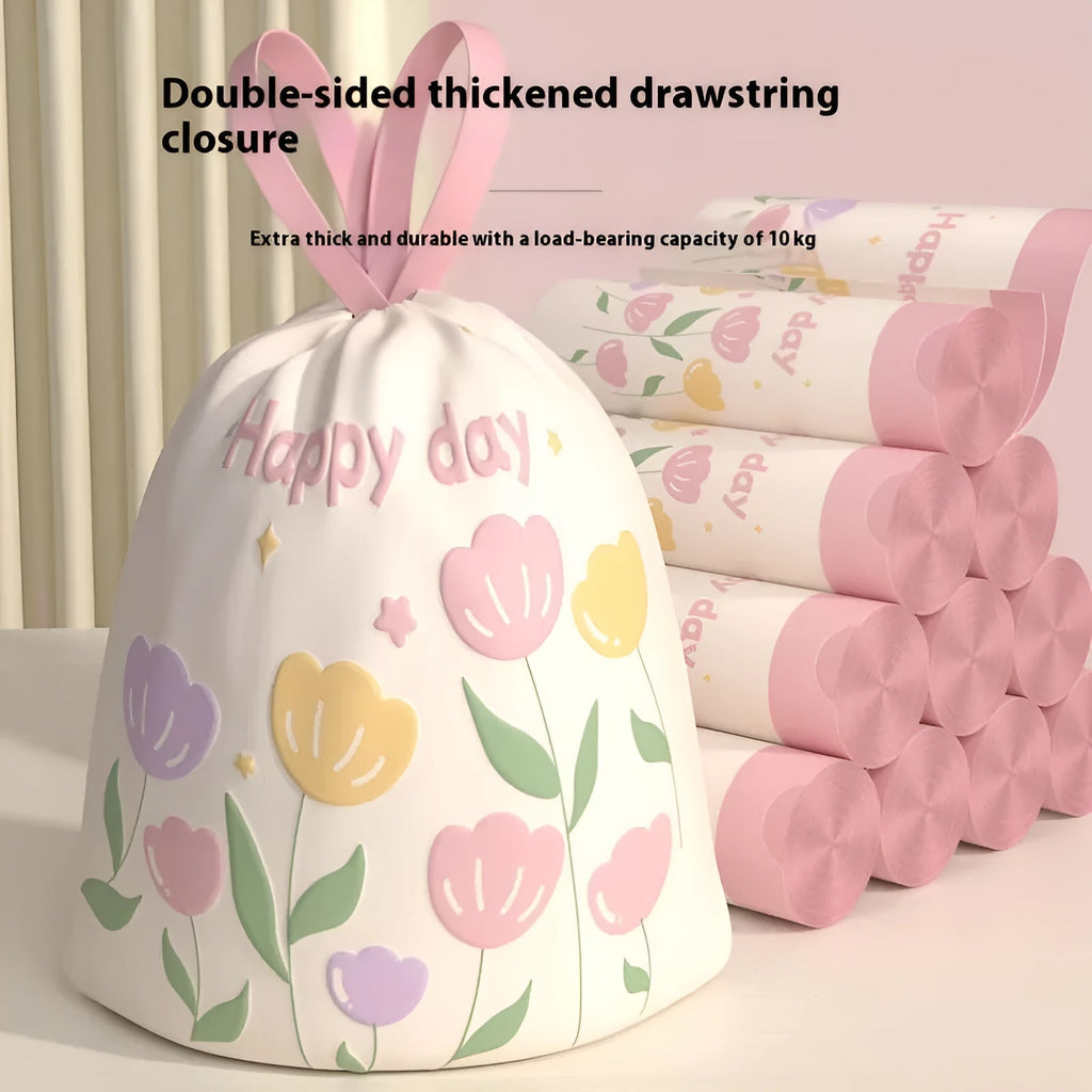 Pink degradable drawstring garbage bag with argy wormwood mosquito repellent, shown with dimensions 44cm by 48cm.