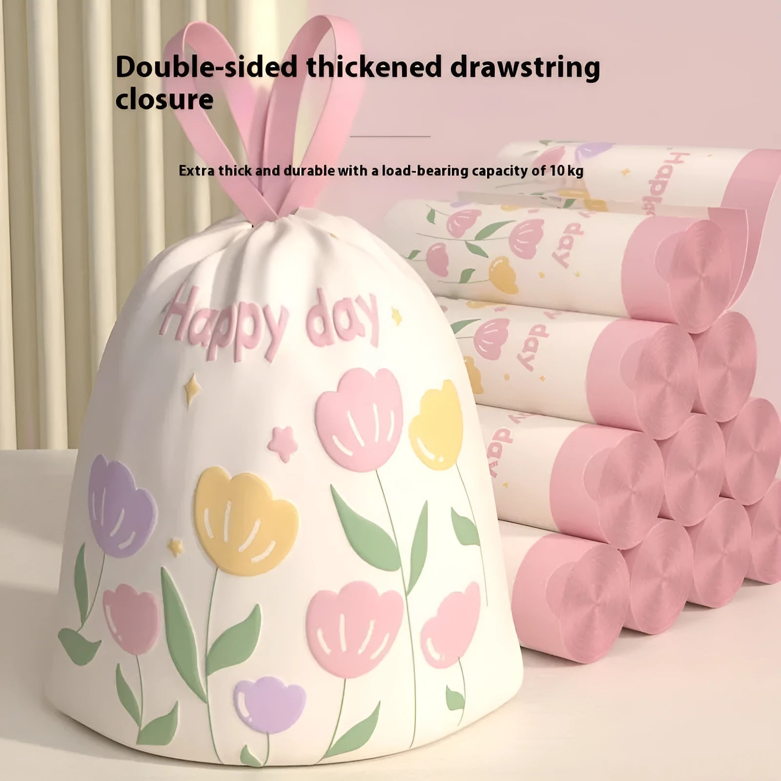Pink degradable drawstring garbage bag with argy wormwood mosquito repellent, shown with dimensions 44cm by 48cm.