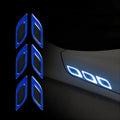 Blue reflective bumper protection tape applied to car bumper edge showing 17mm width