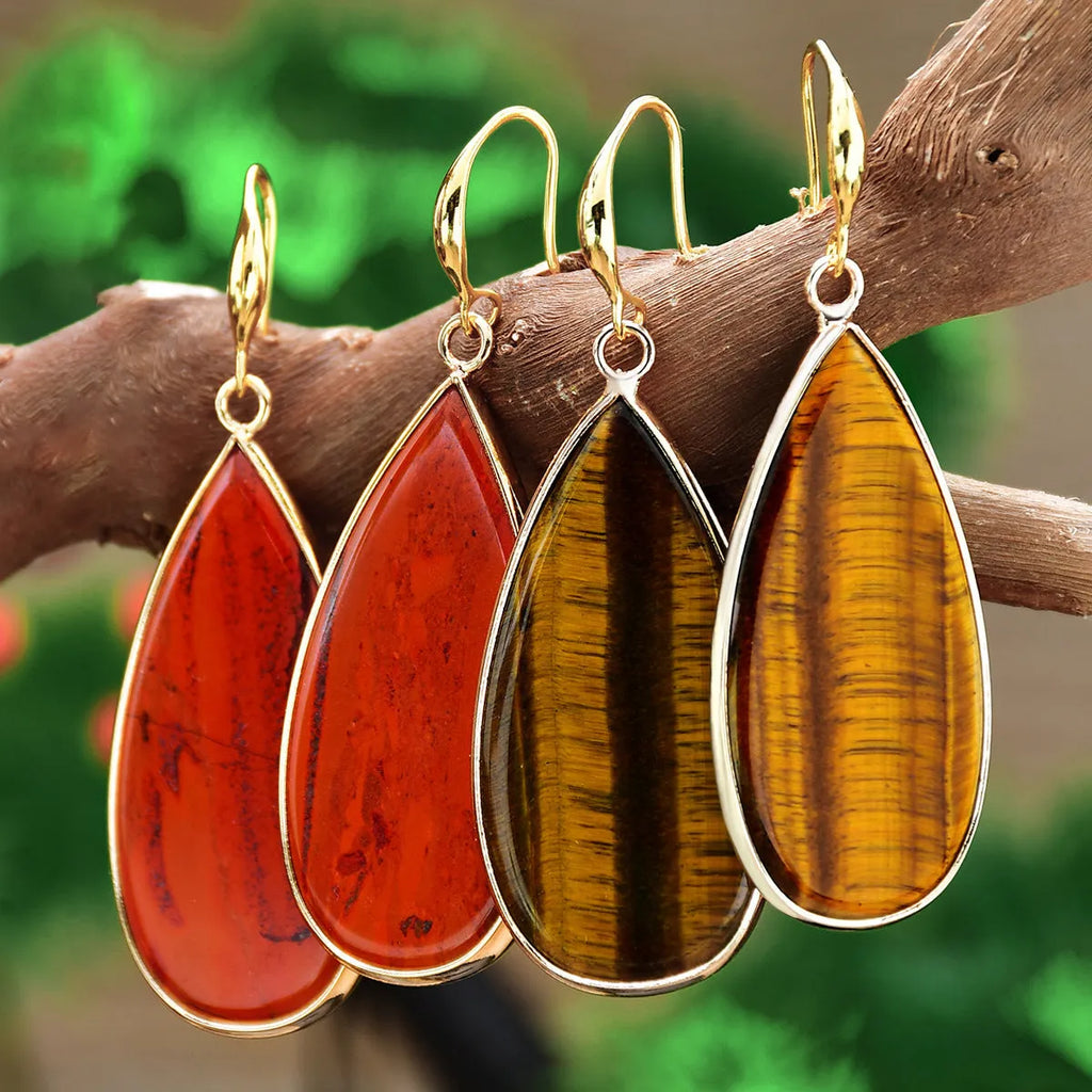 Vintage long water drop stone earrings in five natural colours including pink crystal and amethyst