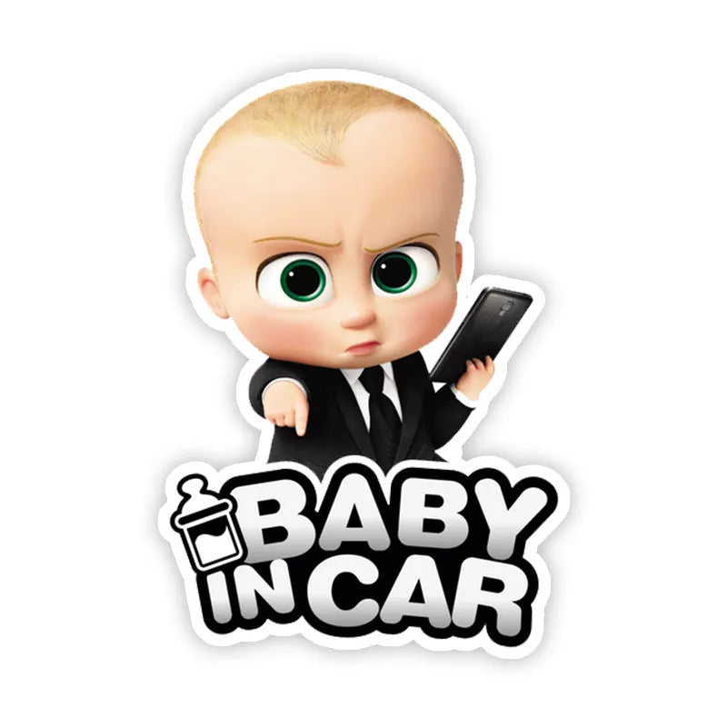 Baby On Board reflective car sticker showing baby character designs with feeding bottle, measuring specific centimetre dimensions